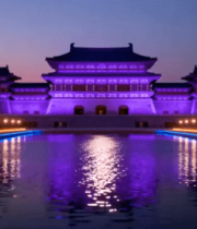 夜晚古建筑倒影水面全景2859#横屏 