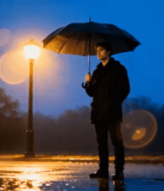 夜晚雨中撑伞站立的男人4824#横屏 