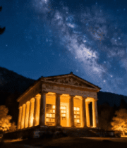 夜晚山林中式建筑星空景象1174#横屏 