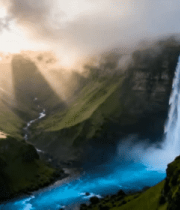 阳光照耀下的山间瀑布景观2012#横屏 