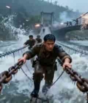  士兵在铁索桥上冒雨前行476#横屏 	 