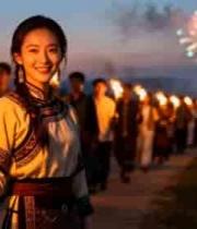  少数民族女孩手持火把2981#横屏 	 