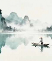  山水间撑船的古风人物3064#横屏 	 