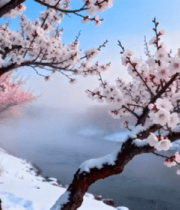 雪中绽放的粉色花枝景观2658#横屏 