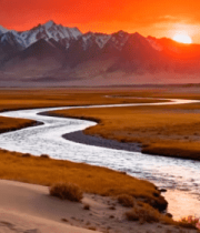 雪山下河流日落自然风光1321#横屏 