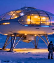 雪地中两人观望球形未来建筑4058#横屏 