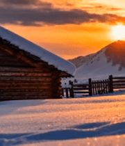 雪后木屋日落自然风光4397#横屏 
