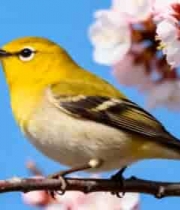  枝头小鸟与盛开花朵1631#横屏 	 