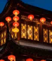  中式古建筑挂红灯笼夜景2873#横屏 	 