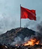  战场山丘上飘扬的红色旗帜1491#横屏 	 