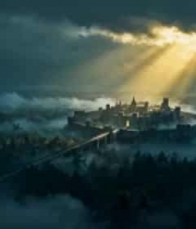  云雾中城堡与飞龙的奇幻景观2048#横屏 	 