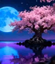  月夜下湖边盛开的樱花树932#横屏 	 