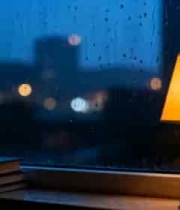  雨夜窗边台灯与书籍场景2718#横屏 	 