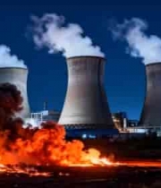  夜晚电厂冷却塔与燃烧场景57#横屏 	 