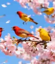  樱花树枝上多彩小鸟素材897#横屏 	 