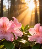  森林中带露珠的粉色杜鹃花1860#横屏 	 