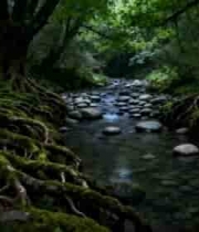  森林中溪流与盘根景象2084#横屏 	 - 