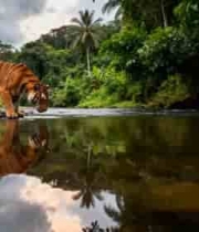  森林中老虎饮水素材237#横屏 	 -