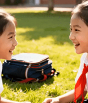 校园草地两个小学生开心交谈1352#横屏 