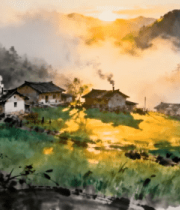 乡村日出山水墨意境风景5074#横屏 