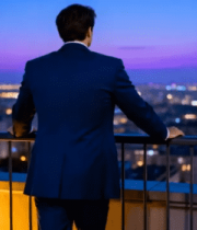 装男子俯瞰城市夜景4845#横屏 