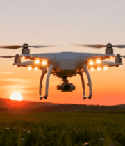 夕阳下田野上空飞行的无人机5429#横屏 