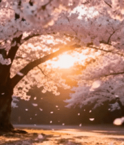 夕阳下盛开的樱花树3422#横屏 