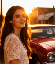 夕阳下街道边微笑的女子2978#横屏 