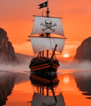 阳下海盗帆船航行于山水间5446#横屏 