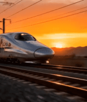 夕阳下列车行驶在铁轨上4573#横屏 