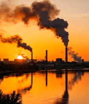 夕阳下工厂烟囱冒烟景象3286#横屏 