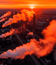 夕阳下工厂烟囱冒烟场景970#横屏 