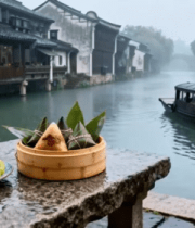 乌镇水乡游船旁的美食场景3650#横屏 