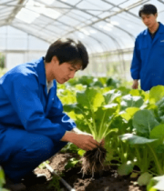 温室大棚内人员查看蔬菜705#横屏 