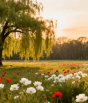 田野柳树旁多彩花草景观390#横屏 