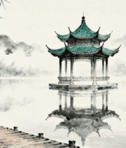水墨风湖中小亭及竹林景观2483#横屏 