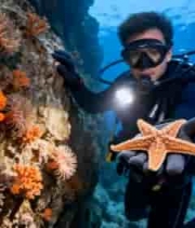  潜水员海底手持海星画面51#横屏 	 -