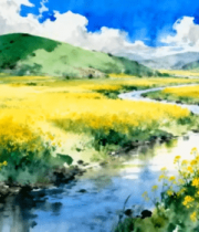 水彩画油菜花田自然风光1960#横屏 