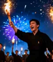  人群举火把烟花夜景画面939#横屏 	 