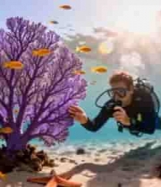  潜水员海底观察紫色珊瑚2441#横屏 	 