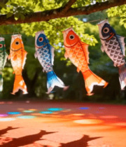 树上悬挂的彩色鲤鱼旗4084#横屏 