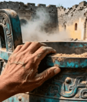 手触青铜器于古建筑废墟场景4786#横屏 