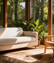 室内沙发藤椅与窗外树林景观4156#横屏 