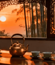 室内夕阳下的茶具场景2454#横屏 
