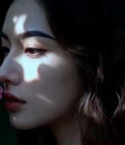  女子闭眼嗅闻粉色花朵2503#横屏 	 -