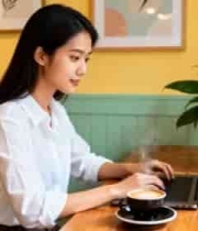  女子咖啡馆用笔记本电脑办公929#横屏 	 