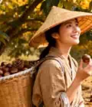  女子田间背筐采摘板栗1542#横屏 	 