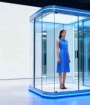  女性站立于透明展示舱内881#横屏 	 