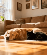 室内猫咪与金毛犬共憩画面5288#横屏 