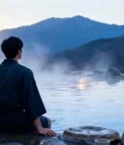  男子坐温泉边赏远山景色2438#横屏 	 